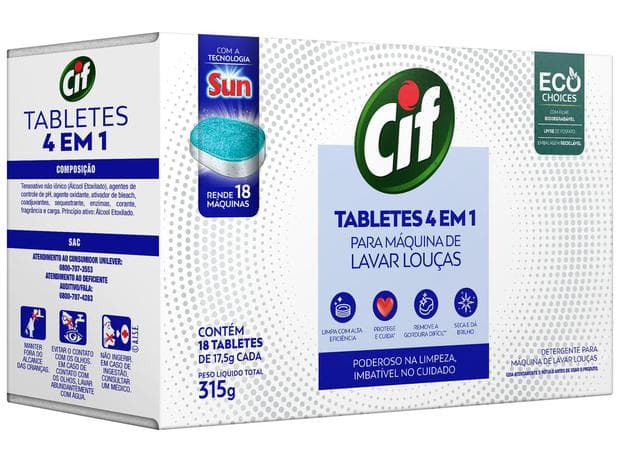 Detergente Tablete 4 em 1 Cif Para Máquina de Lavar Louças 18 unidades