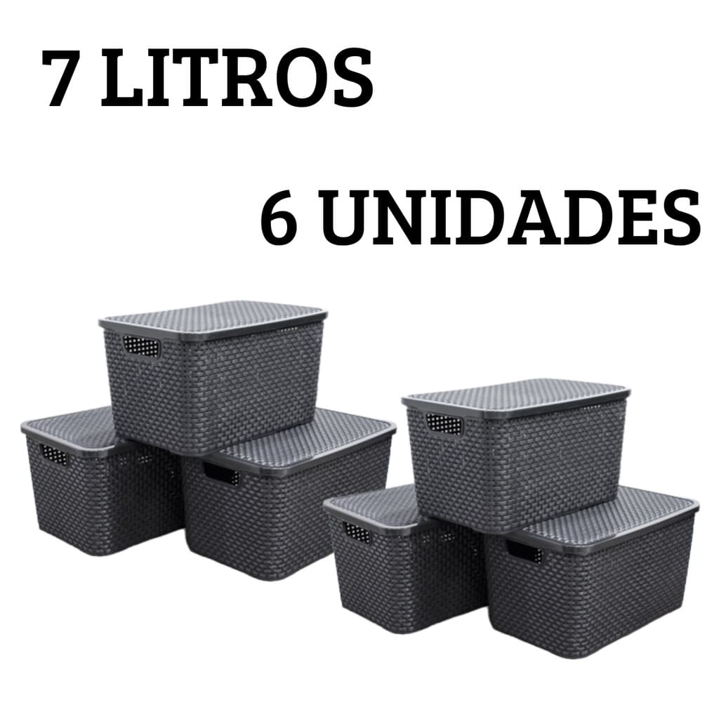 Kit 6 Caixas Organizadoras Cesto Multiuso Rattan 7 Litros Com Tampa Preto Empilhavel