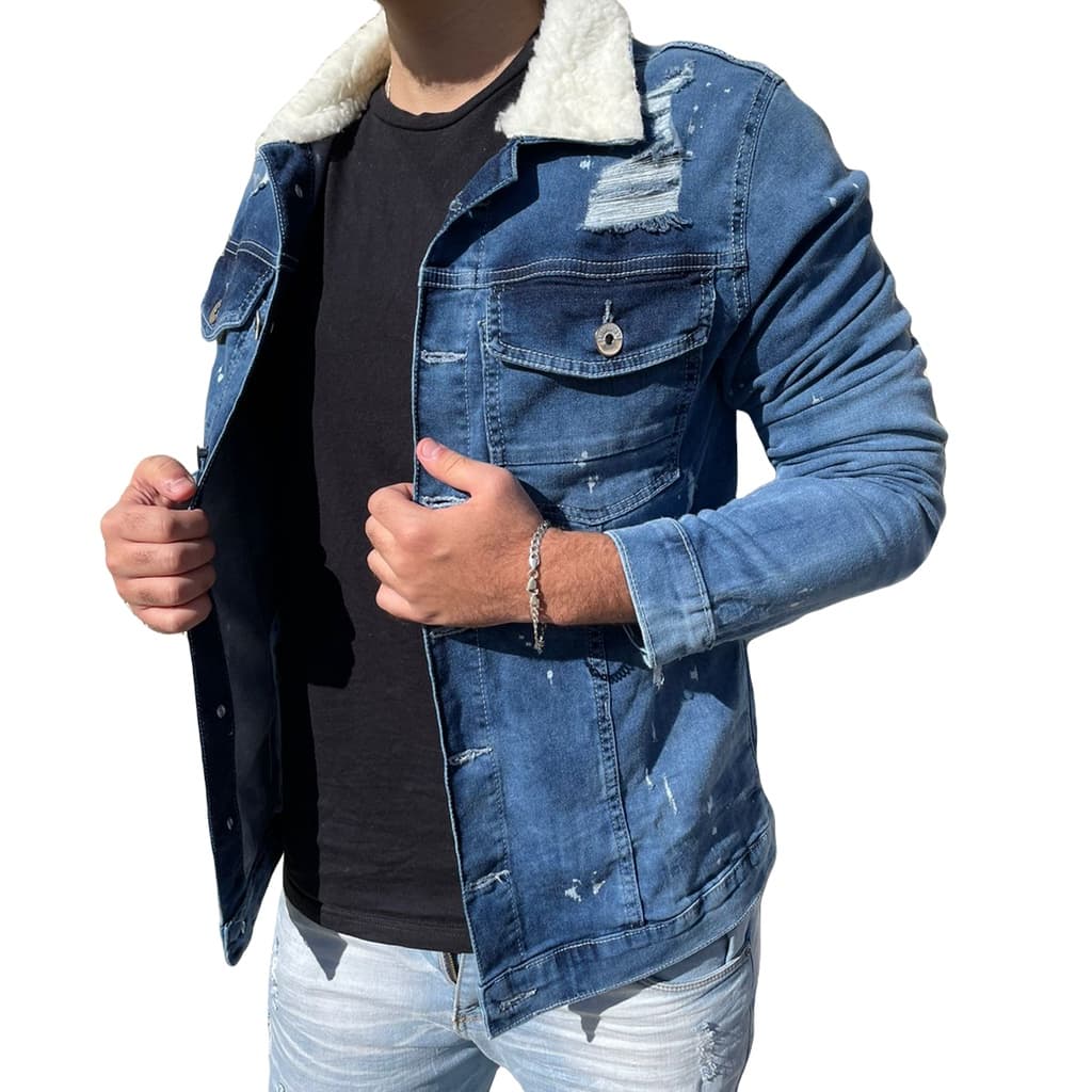Jaqueta Jeans Slim Masculina Destroyed Com Respingos Pelinho Na Gola Casaco Jaqueta Rasgada