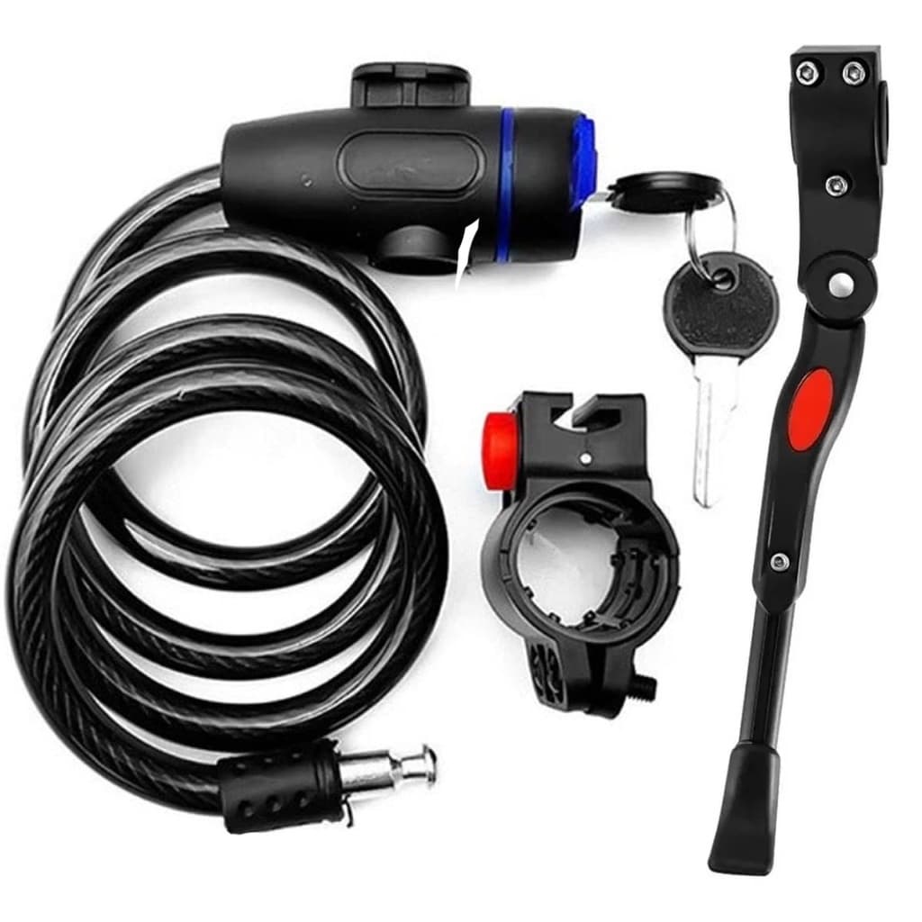 Trava Cabo De Aço Cadeado Segurança Bike Moto Espiral Anti-Roubo + Descanso Pezinho Para Bike Lateral Com Regulagem 20 Até 29