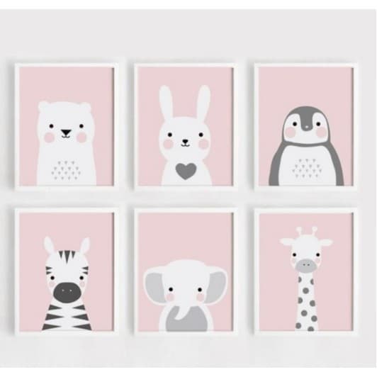 Kit Quadros Decorativos menina animais rosa e branco safári 20x30 Quarto Infantil Safari