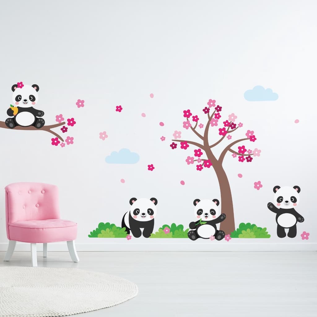 Adesivo Parede Menina Árvore  Flor Cerejeira Rosa Urso Pandas Fofo