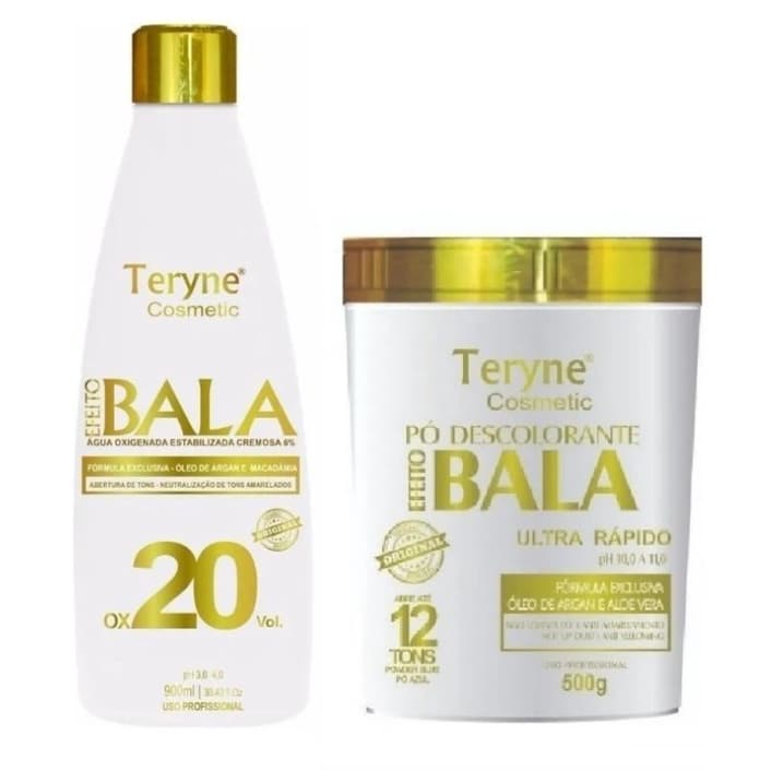 kit pó descolorante bala original 500g + ox de 20v teryne