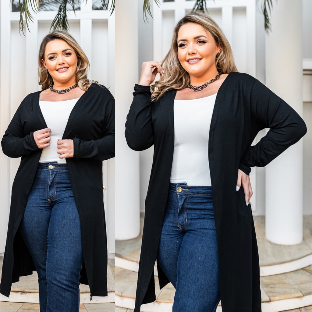Sobretudo Feminino Longo Plus Size Manga Longa com Fendas Laterais Moda Feminina