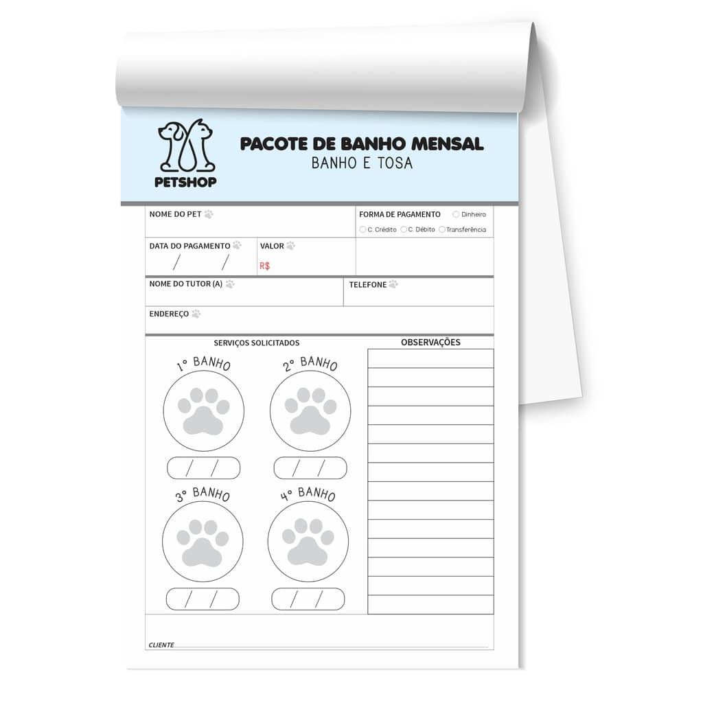 Talão Bloco Pacote Banho e tosa mensal petshop organize seu petshop!