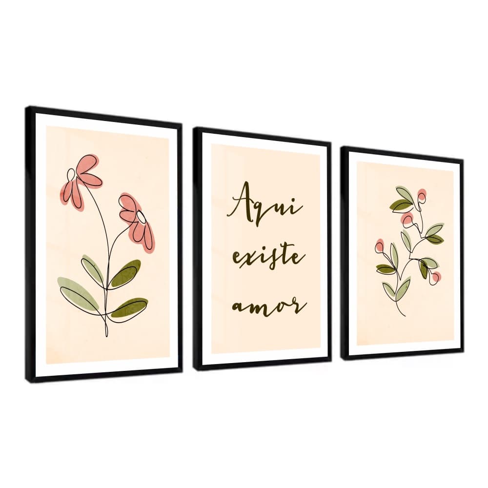Quadros decorativos flores e frase quarto sala