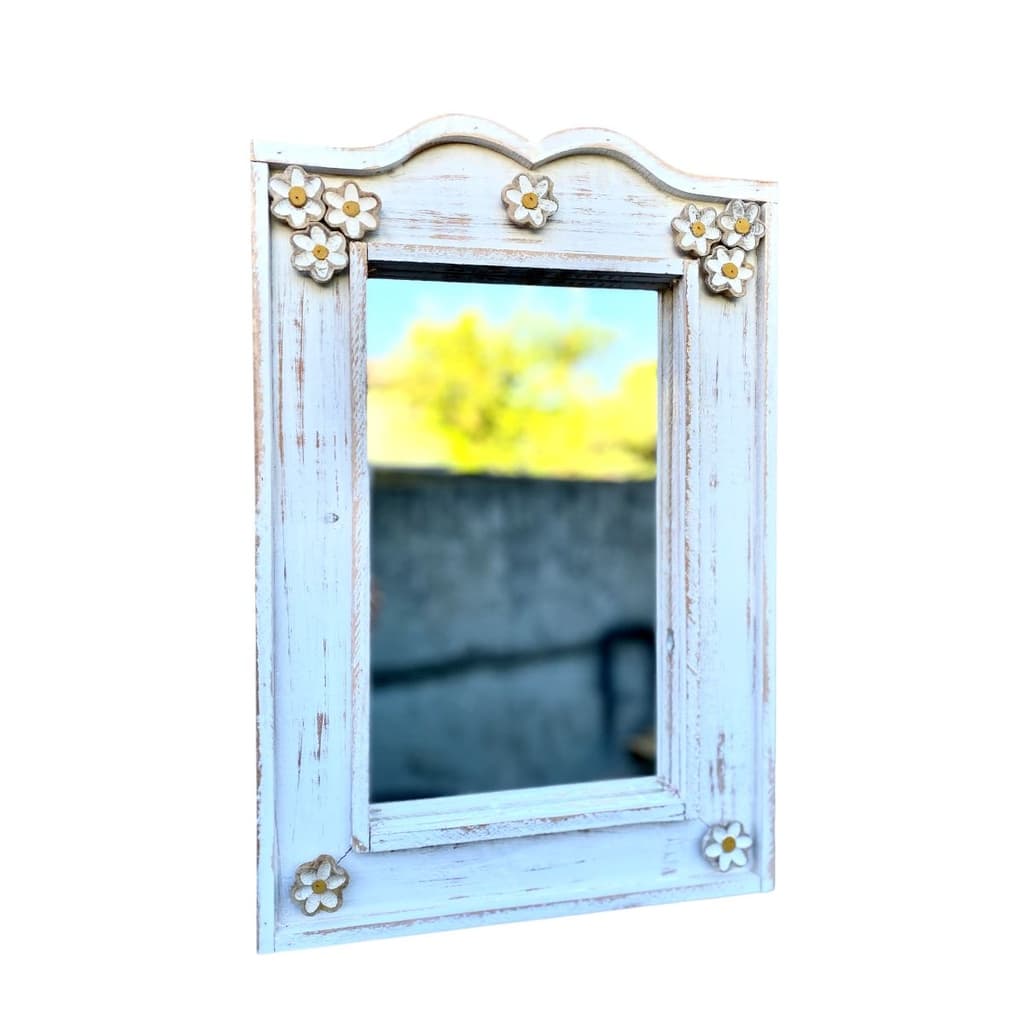Moldura De Madeira C/ Espelho, Patinada Rústica 50x35, flores brancas, escritório, varanda, corredor, lavabo, banheiro, espelho bar, área gourmet, envio imediato