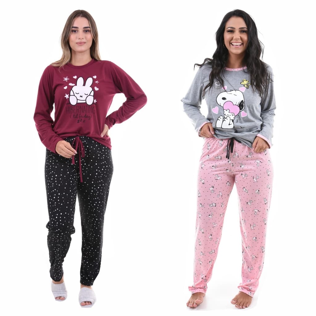 Promoção 2 Pijamas Longo Feminino Frio Manga Longa Atacado Oferta
