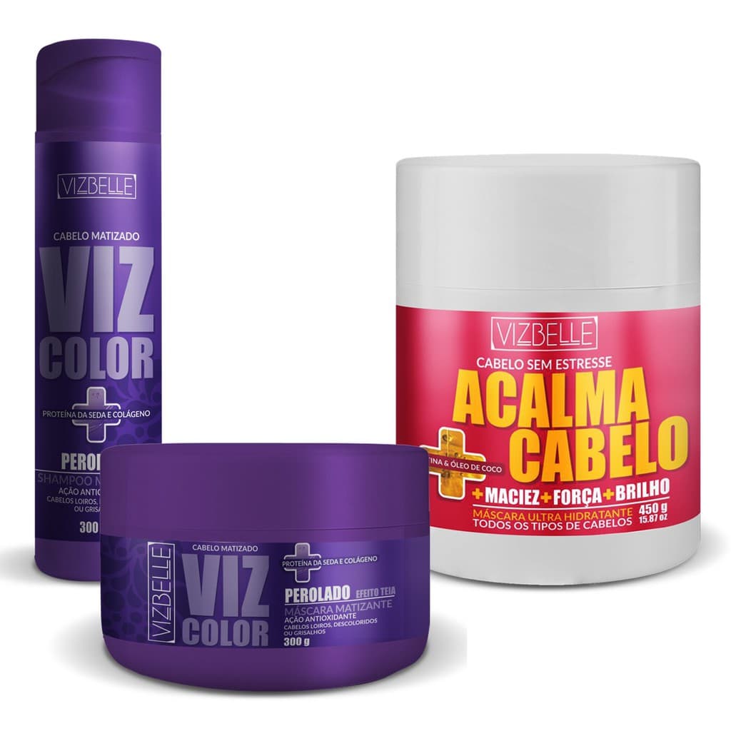 Kit Tratamento Shampoo + Mascara Matizante Perolado 300g + Mascara Acalma Cabelo 450g Vizbelle