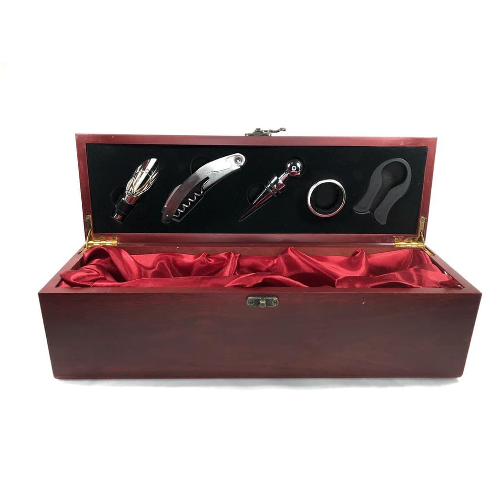 Kit Vinho Com 5 Peças Com Estojo E Porta Vinho De Madeira!