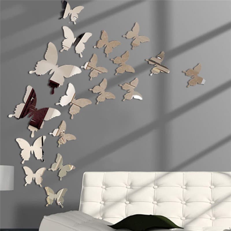 12Pcs/lot 3D Butterfly Mirror Wall Sticker Decal Wall Art Removable Wedding Decoration Kids Room Decoration Sticker Crystal