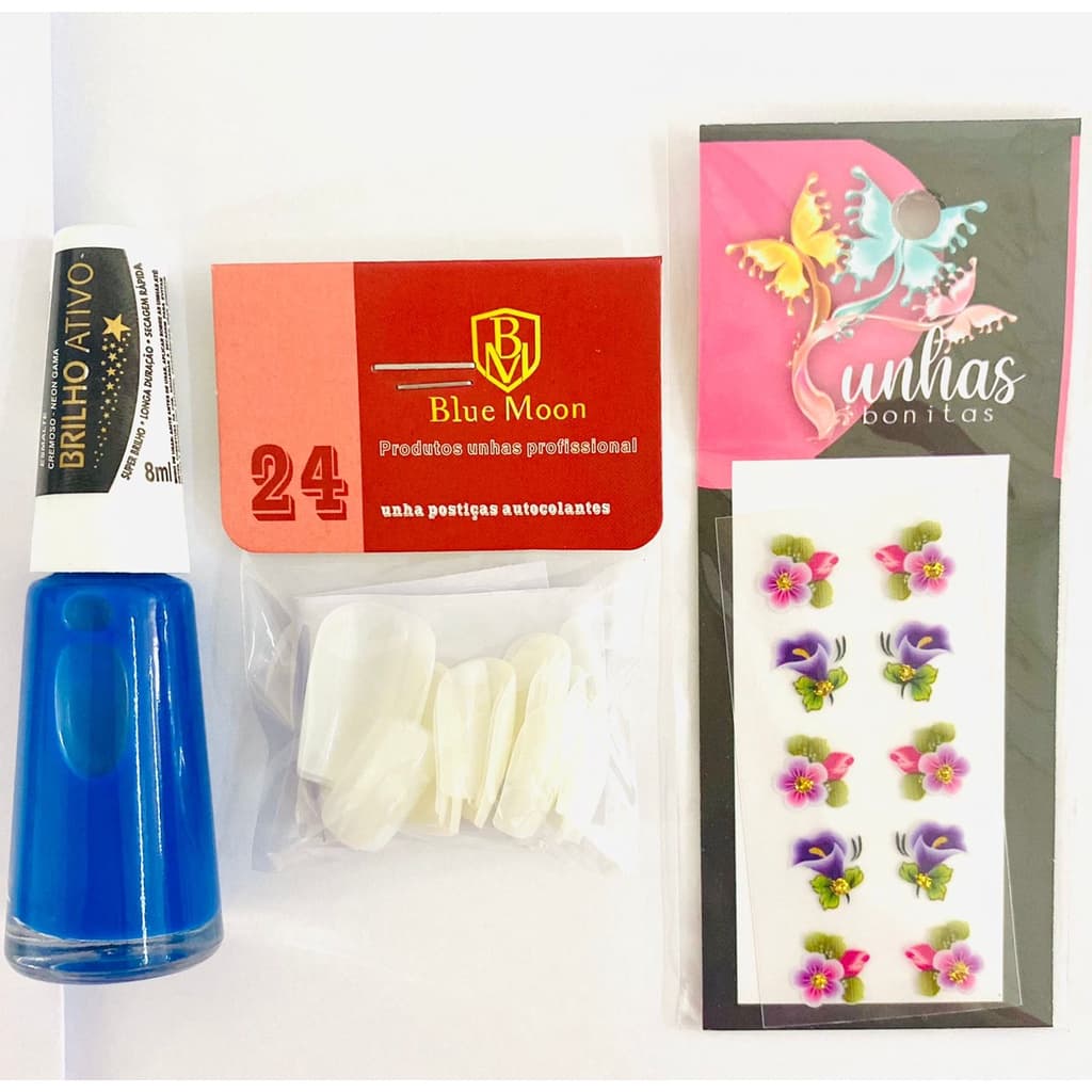 1 Pacote Unhas Postiça + 1 Esmalte + 1 Cartela de Adesivos de Unhas