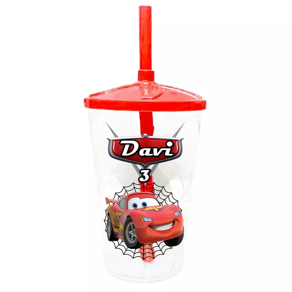30 Copos Twister Shake Personalizado 400ml C/Tampa e Canudo Lembrancinha Carros