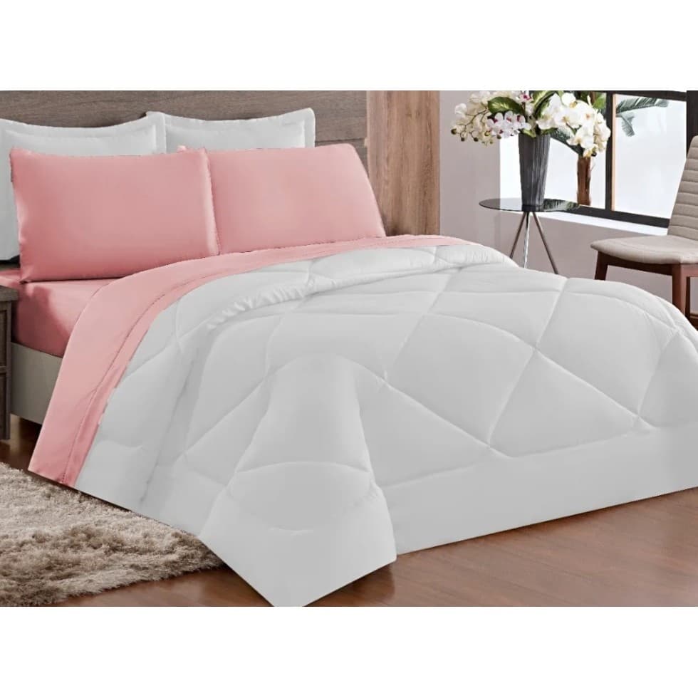 Kit Edredom Ternura Queen 6peças branco / rosa