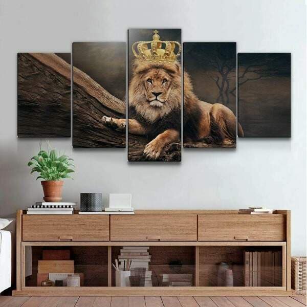 Quadro painel decorativo mosaico 5 peças Rei leão animalenvelhecido felino decoração