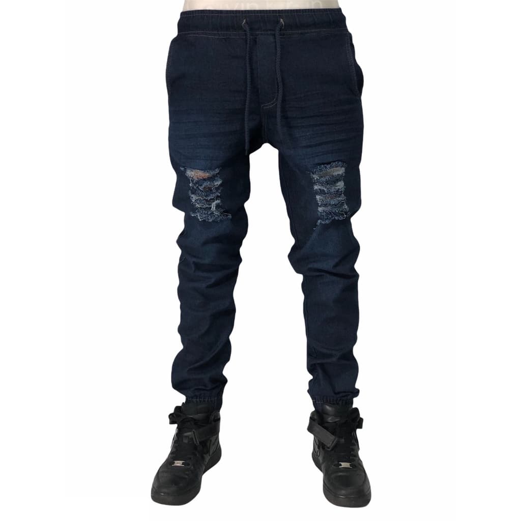 Calça Jogger Masculina Rasgada Jeans Escuro Delavê - Black Friday