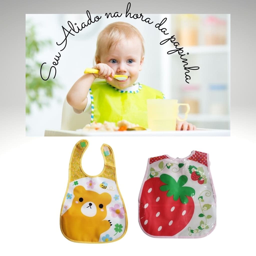 Babador Infantil com pega migalhas - modelo Urso ou Morango em material PEVA- Biodegradável