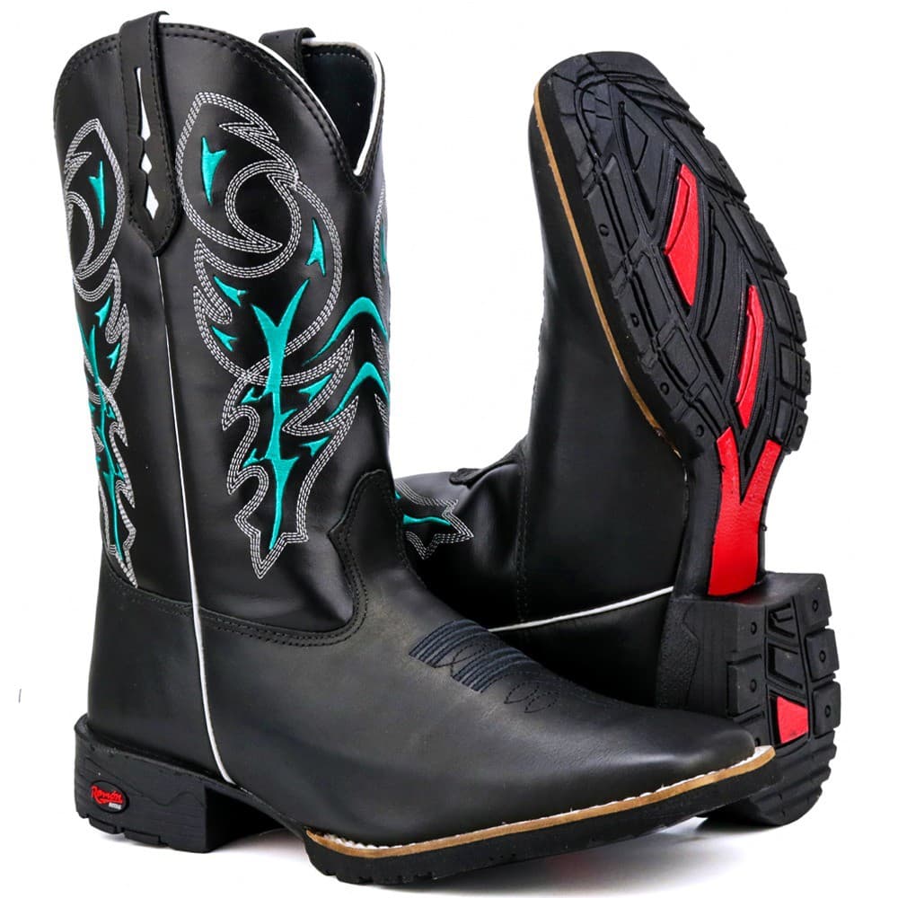 Bota Botinha Country Texana Infantil Menino Peao Preta com Bordado Cowboy Festa Peao Rodeio