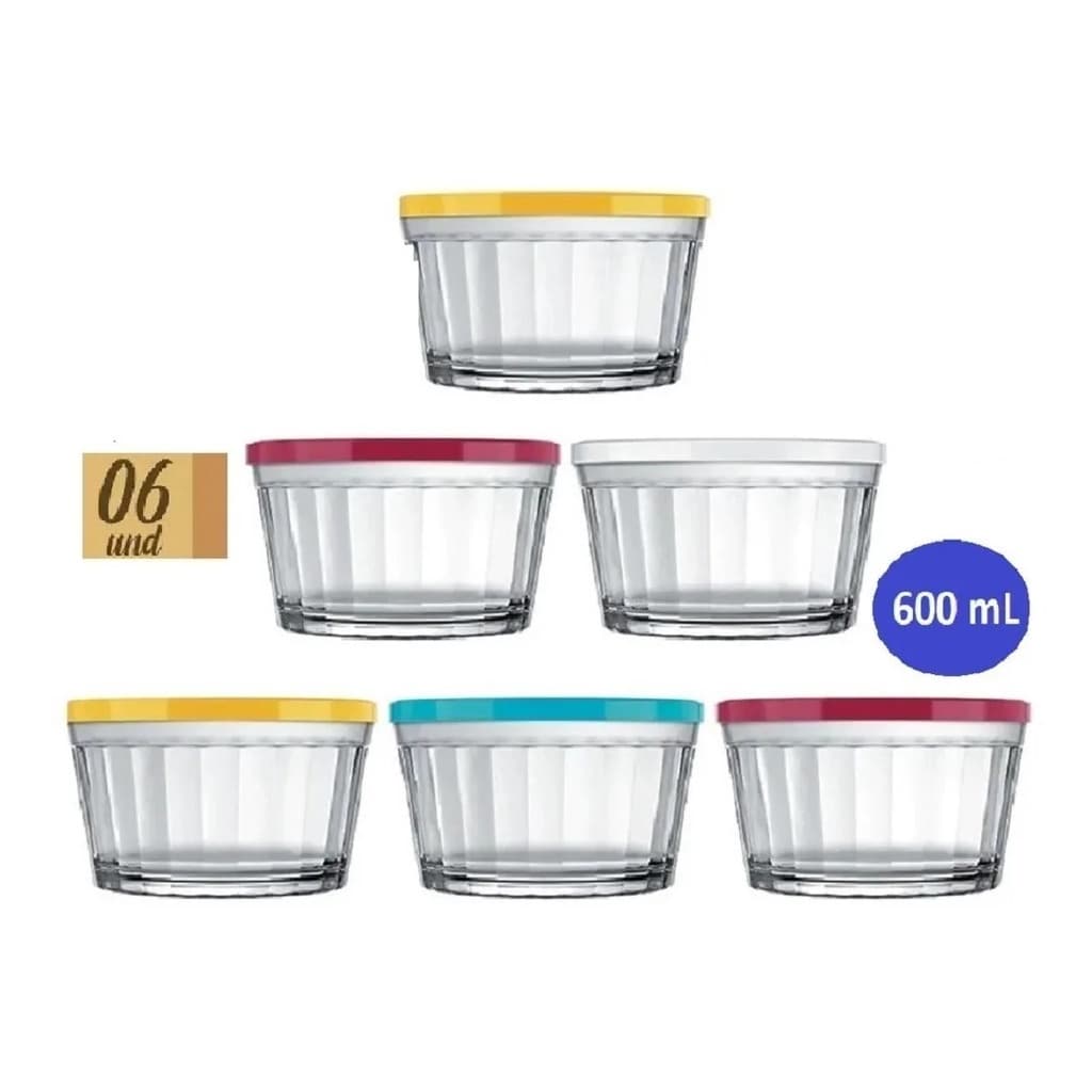 Conjunto 6 potes de vidro 600ml com Tampa (colorida).