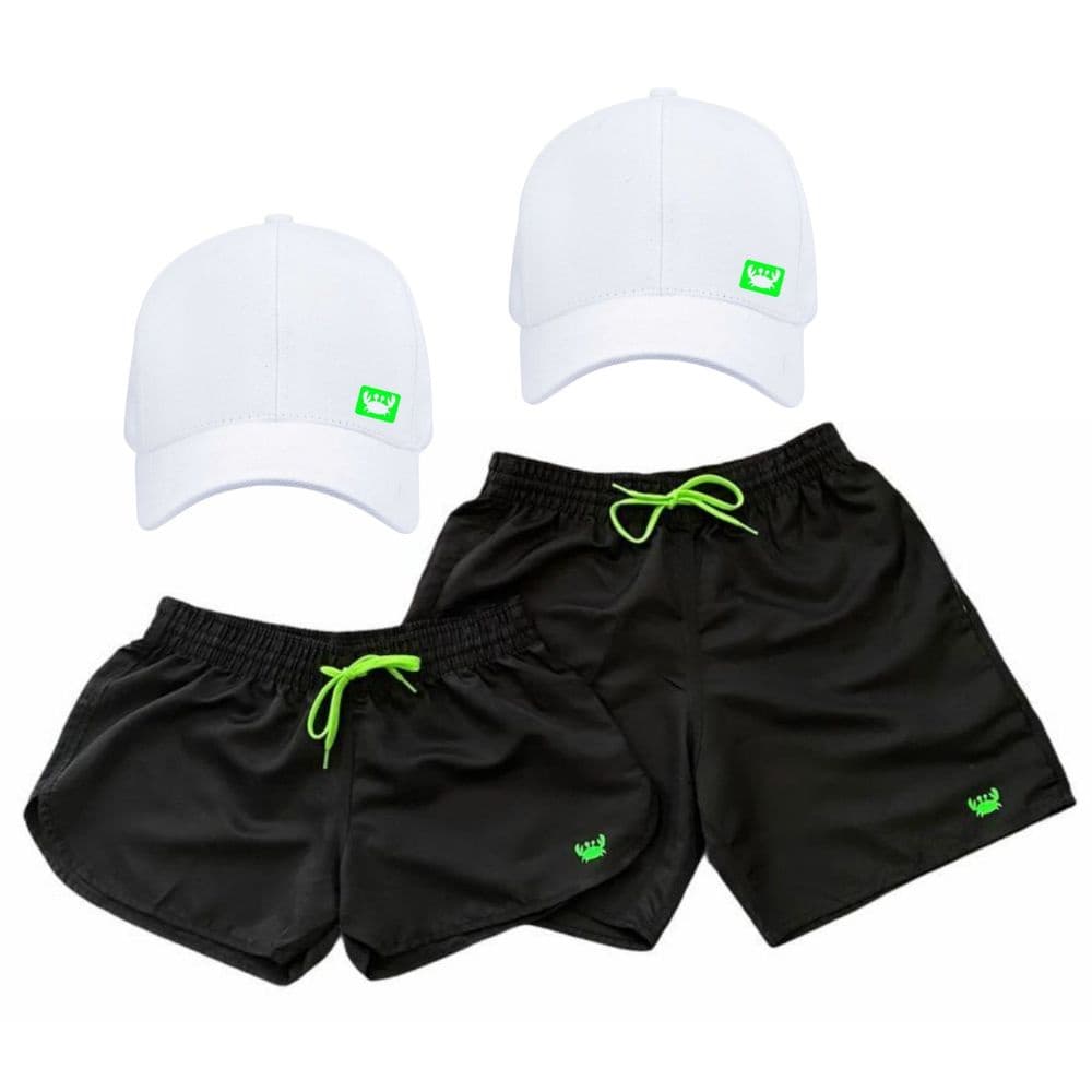 Kit Casal Namorados Short Moda Praia Verao Bermuda Tactel Combinando Bone Aba Curva