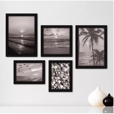 Kit Com 5 Quadros Decorativos - Praia - Mar - Pôr do Sol - Viagem - Preto e Branco Capital = 81