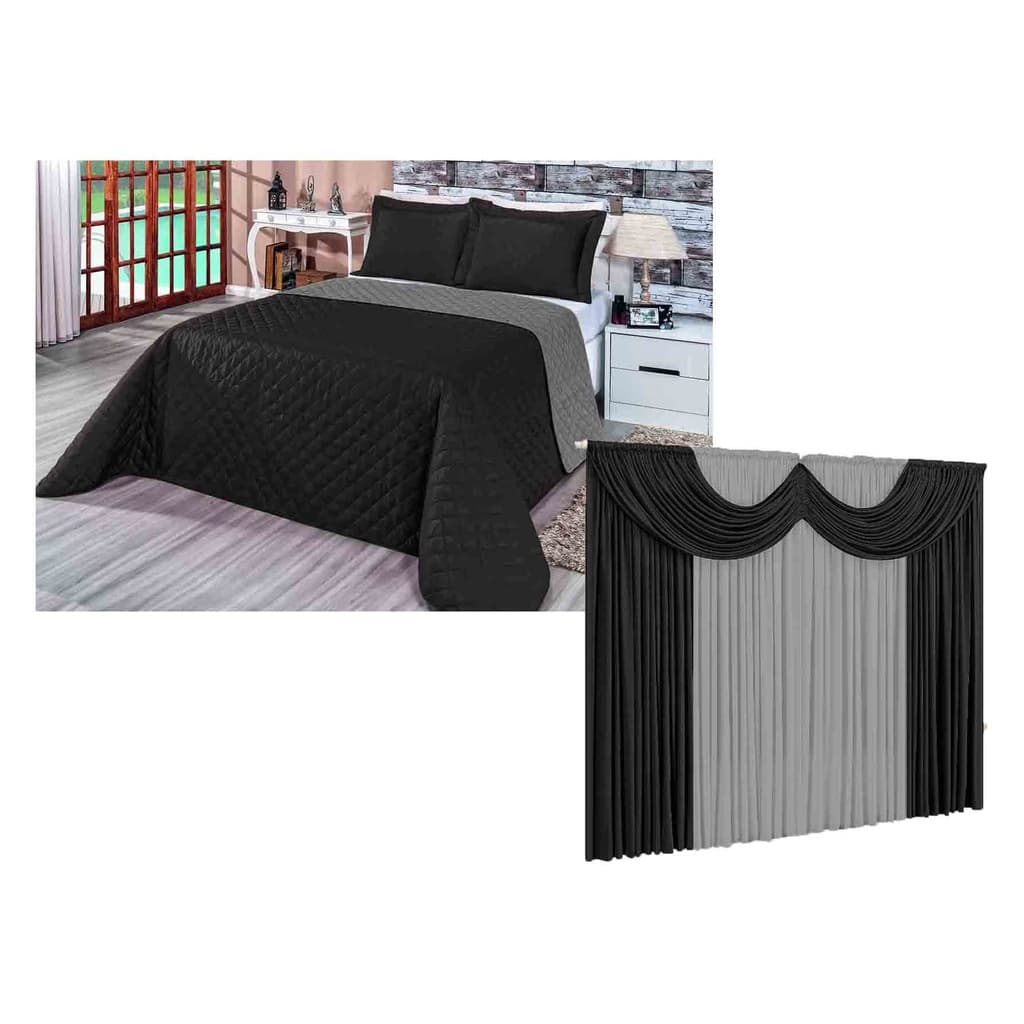 Kit Cobre Leito Colcha Casal Queen + Cortina De Quarto DE 2m
