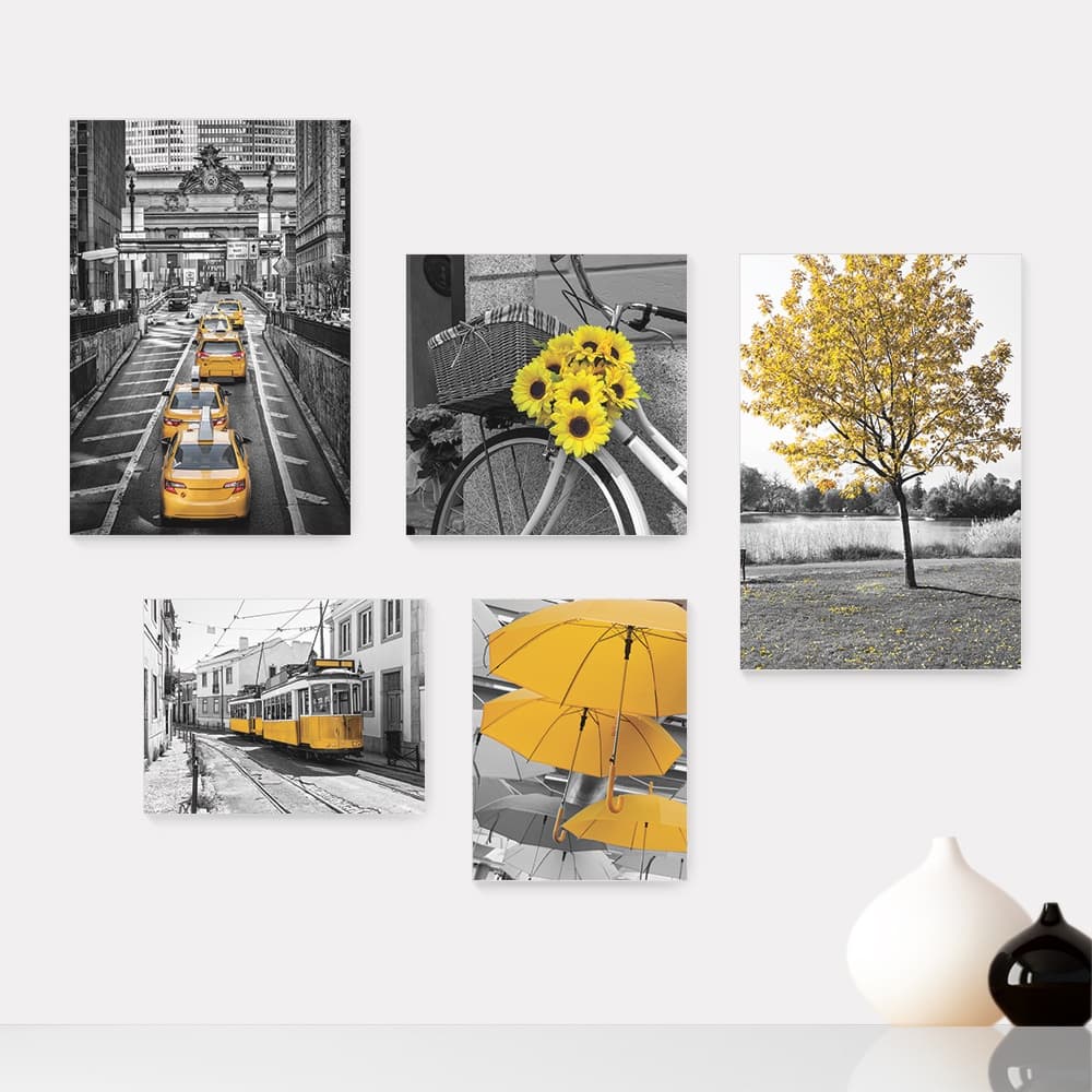 Kit 5 Quadros Decorativos Placas - Flores - Cidade - Árvores - Preto e Branco com Amarelo - Casa Quarto Sala - 297ktpl5