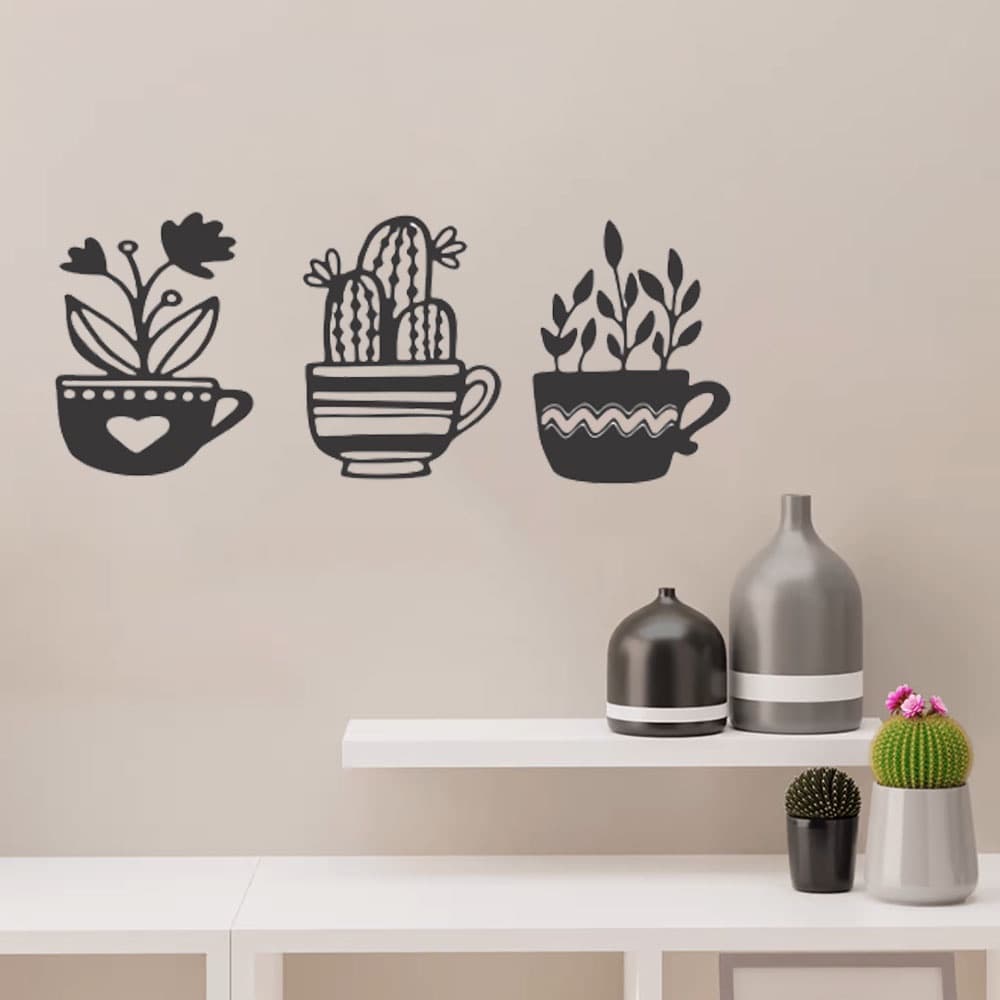 Quadro Decorativo Floral Chicaras Cactos 3D MDF 3mm