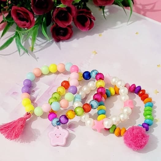 Kit 4 Pulseiras Lindas Infantil de Miçanga Coloridas Elástico Menina Presente