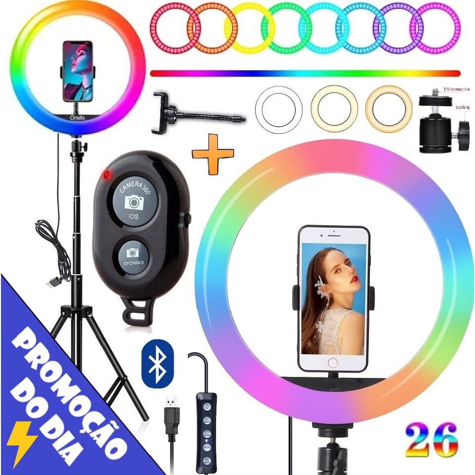 Kit Youtuber Tripé Com Ring Light Anel Rgb Colorido 26cm Suporte Para Celular Universal BHK
