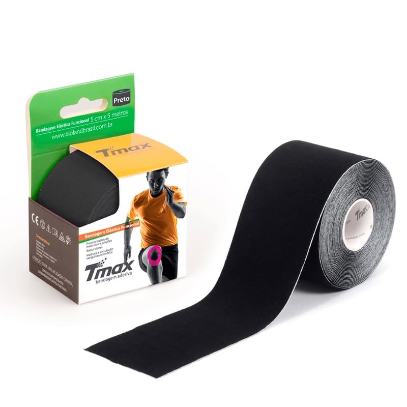 Fita Kinesio Tape (Taping) Tmax Bandagem Elástica Pós Cirúrgico e Terapêutica 5 Cm X 5m PRETA Original