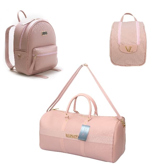 Kit 3 Mala + Necessaire + Mochila Rosa Casual Viagem Passeio
