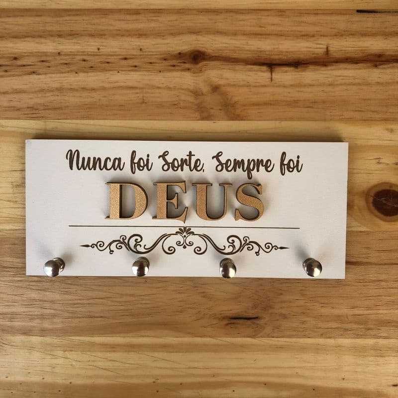 Porta Chaves De Parede MDF Preto Ou Branco Com Detalhe em Dourado - Nunca Foi Sorte Sempre Foi Deus