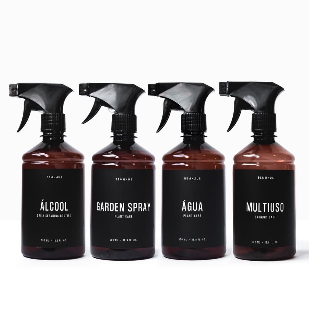 Frasco Ambar Borrifador 500 Ml Alcool, Multiuso, Garden Spray, Limpa Vidros, Multiuso, Vinagre, Agua com rótulo Preto