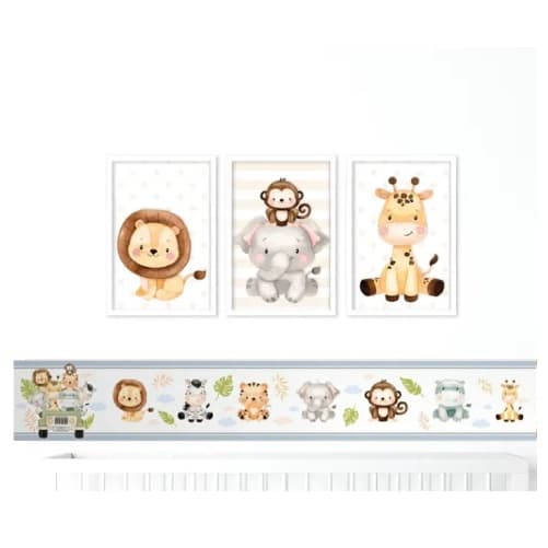 Kit quadros decorativos infantil Safari azul escuro 3 peças + 2 metros de  faixas decorativas para o enxoval do seu bebê