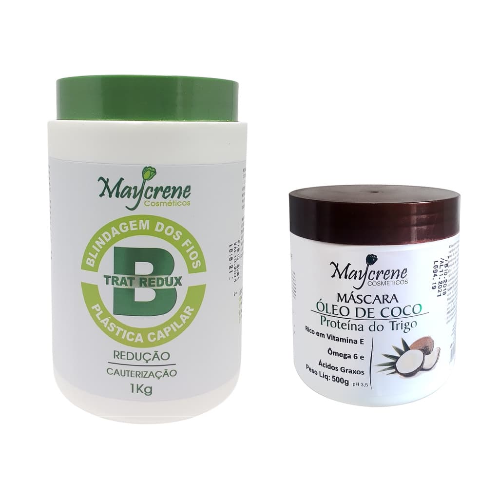 Botox Trat Redux 1kg Redução de Volume, Brilho e reposição de massa + Máscara Óleo De Coco 500g Maycrene Cosméticos