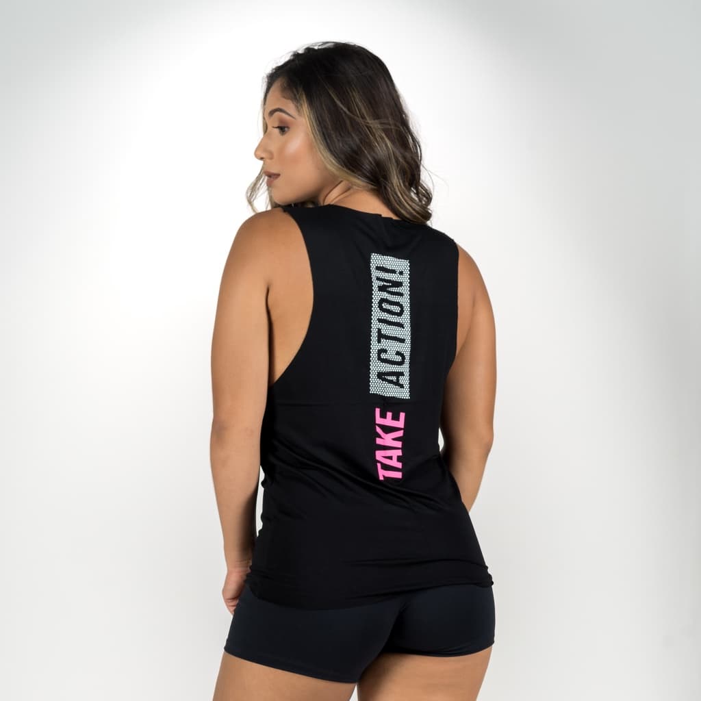 Regata Blusa Feminina Fitness Preta com silk Take Action Costas Roupa de Academia