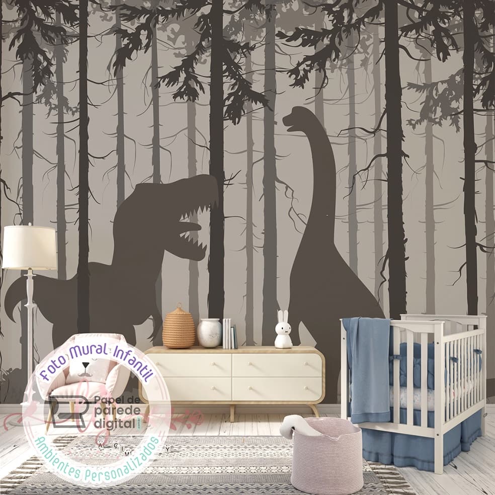 Painel Adesivo Infantil Dinossauros Na Sombra Da Noite Na Floresta M² Imagem Completa