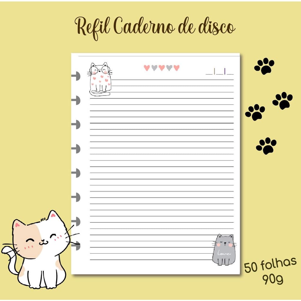 Refil Caderno Disco Inteligente A5 8 Furos kawaii Gatinho Fofo