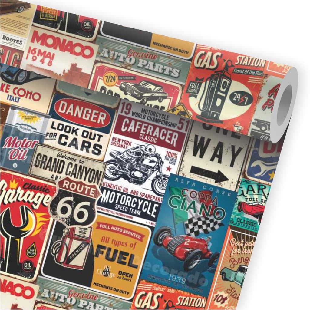 Papel De Parede Garagem Vintage Placas Carros Retrô A258