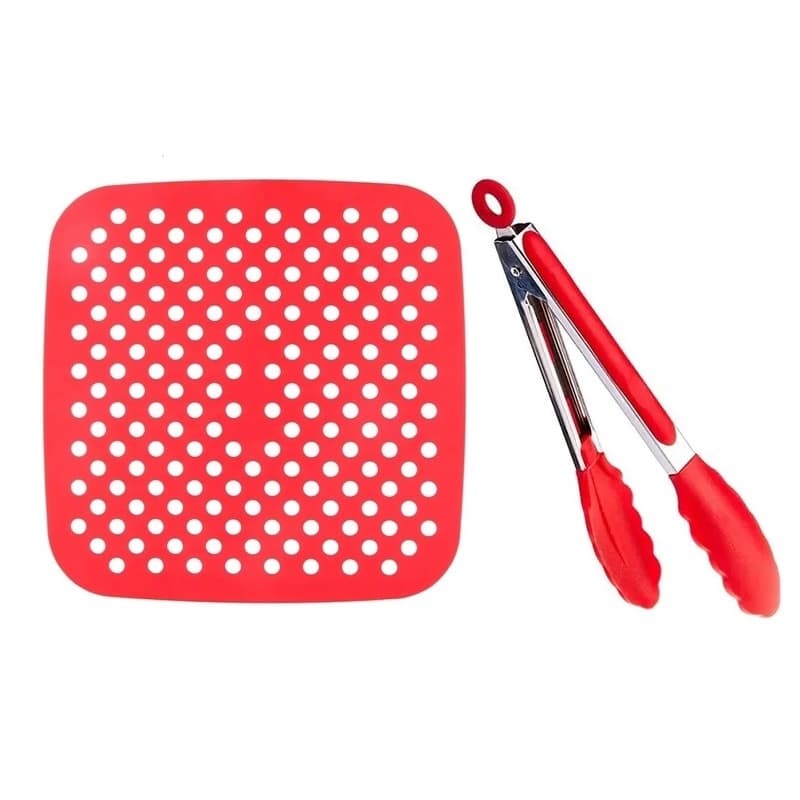 Kit 01Tapete Culinário de Silicone P/ fritadeira Air fryer Universal 21cm quadrado + pegador pinça 25 cm
