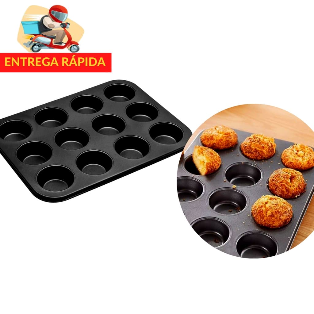 Forma Assadeira Teflon Antiaderente 12 Cavidades - Forma para Cupcake Bolinhos Pao de Queijo