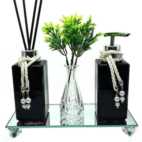 Kit 02 Frascos de Vidro Para Lavabo Onix Square Preto 250ml Com Bandeja e Vaso de Flores