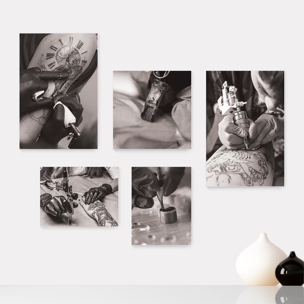 Kit 5 Quadros Decorativos Placas - Tatuagem Estúdio de Tatuagem Tattoo Preto e Branco - 357ktpl5