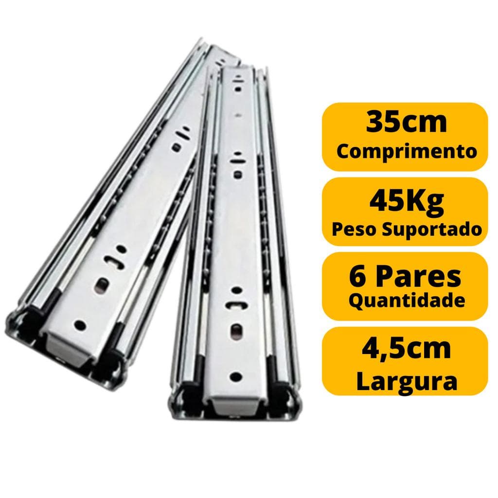 Kit 12 Corrediças Telescópica P/ Gaveta Reforçada 35cm 6 Pares 45 Kg