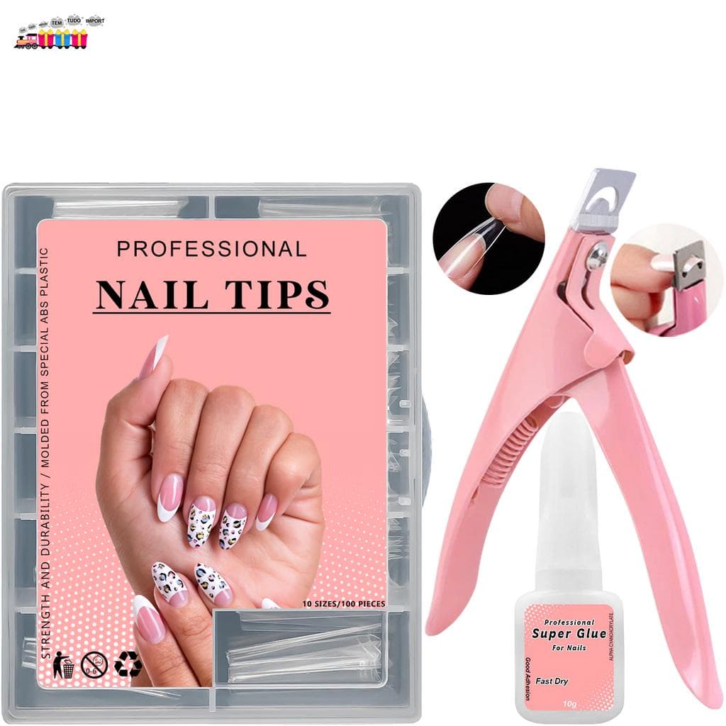Kit 100 Unhas Tips Postiça + Cola Pincel De Unha + Alicate Cortador de Tips