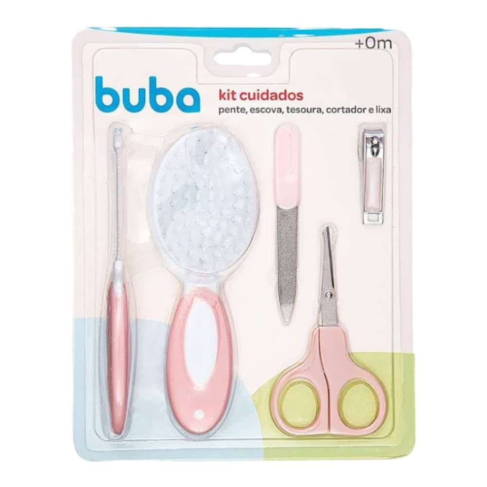 Kit Cuidados Escova Bebê Buba Pente, Tesoura, Cortador e Lixa de Unha +0 meses Rosa