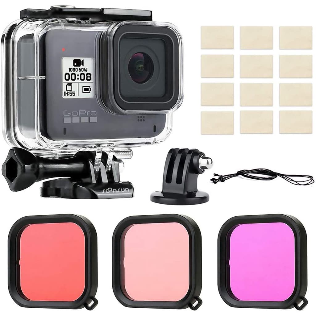 Kit de caixa estanque a prova dagua, três filtros de mergulho e 12 pastilhas anti-embaçamento para Gopro 8