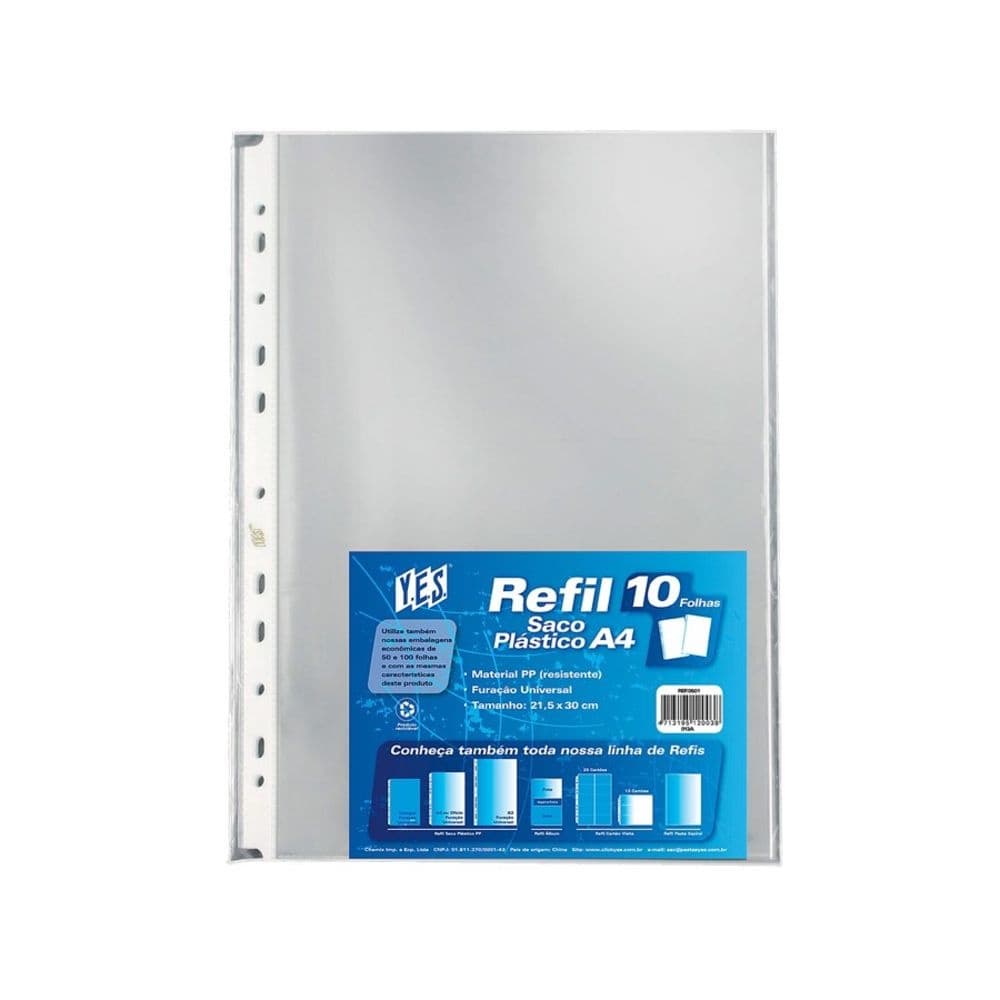 Refil 10 Plásticos Furo Universal Tamanho A4 - Transparente Yes