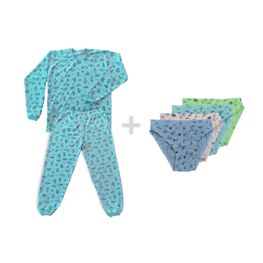 Kit pijama infantil masculino longo + 06 cuecas - 100% algodão | Kit Inverno Completo